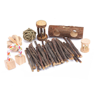 Set of natural wooden hamster toys including dumbbell shapes, a spherical bell toy, and two cylindrical bell toys, with a hamster. - Image 4