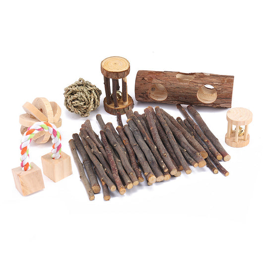 Set of natural wooden hamster toys including dumbbell shapes, a spherical bell toy, and two cylindrical bell toys, with a hamster. - Image 4