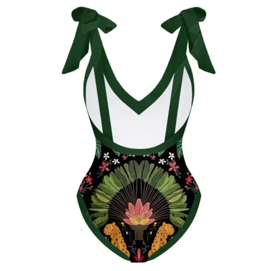 Women's black one-piece swimsuit with a deep V-neck and shoulder ties, featuring a vibrant tropical print of parrots, toucans, leopards, and flowers. - Image 7