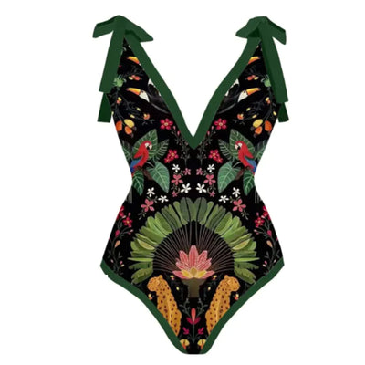 Women's black one-piece swimsuit with a deep V-neck and shoulder ties, featuring a vibrant tropical print of parrots, toucans, leopards, and flowers. - Image 8