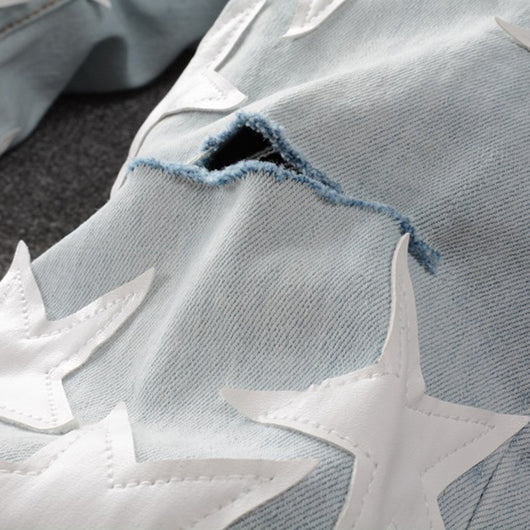 Pantalones Vaqueros de Cuero con Parches Rasgados y Diseño Pentagram - Image 10