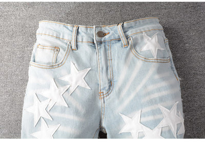 Pantalones Vaqueros de Cuero con Parches Rasgados y Diseño Pentagram - Image 11