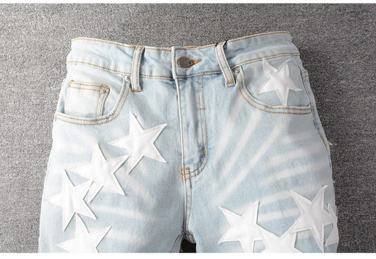 Pantalones Vaqueros de Cuero con Parches Rasgados y Diseño Pentagram - Image 11