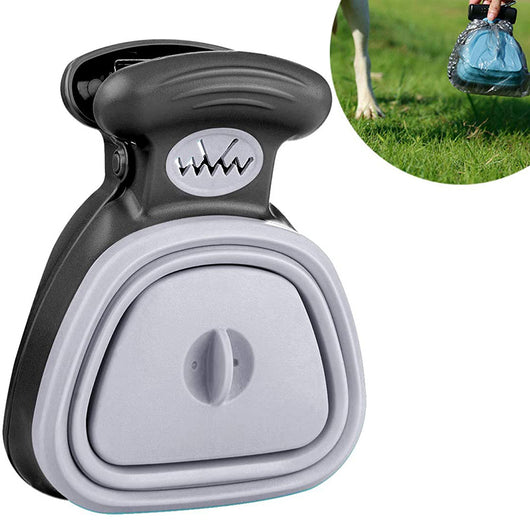 Blue and black foldable pet poop bag dispenser with an integrated scoop, ideal for travel and outdoor use. - Image 22