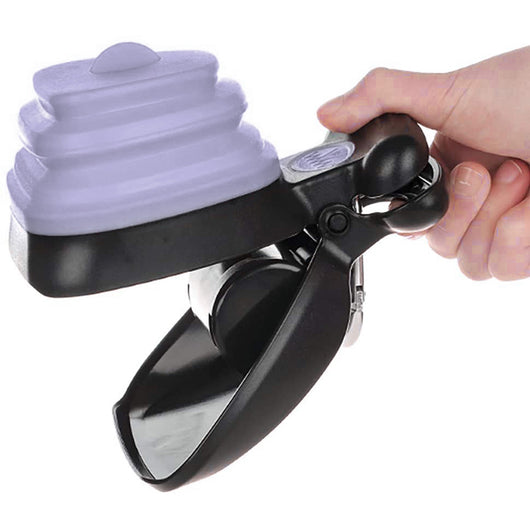 Blue and black foldable pet poop bag dispenser with an integrated scoop, ideal for travel and outdoor use. - Image 23