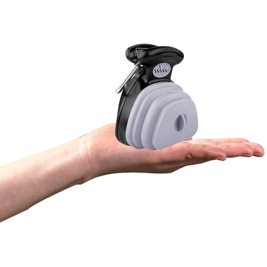 Blue and black foldable pet poop bag dispenser with an integrated scoop, ideal for travel and outdoor use. - Image 25