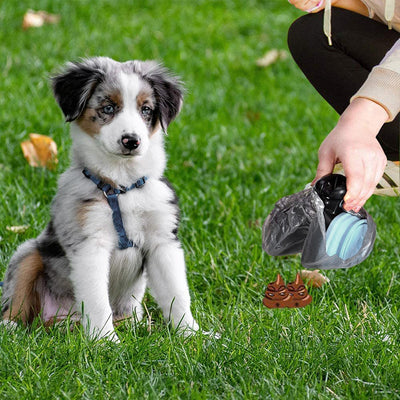 Blue and black foldable pet poop bag dispenser with an integrated scoop, ideal for travel and outdoor use. - Image 26