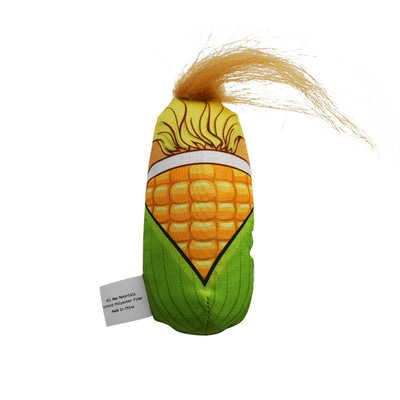 Plush corn-shaped cat teaser toy with a caricature face, orange tie, and green husk design, held in a hand. - Image 10