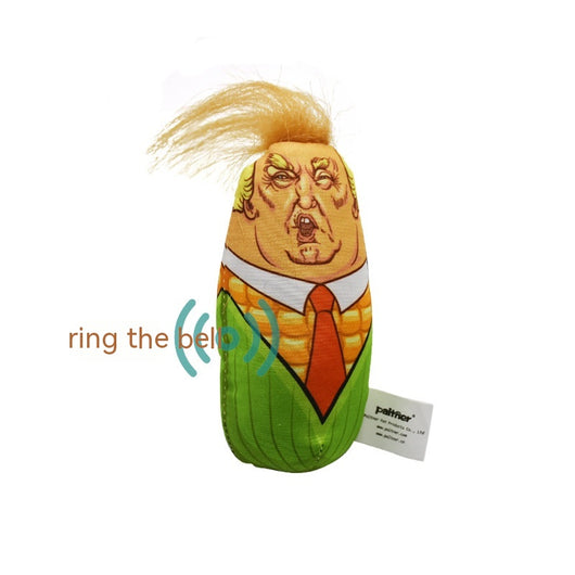 Plush corn-shaped cat teaser toy with a caricature face, orange tie, and green husk design, held in a hand. - Image 12