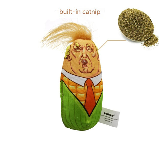 Plush corn-shaped cat teaser toy with a caricature face, orange tie, and green husk design, held in a hand. - Image 13