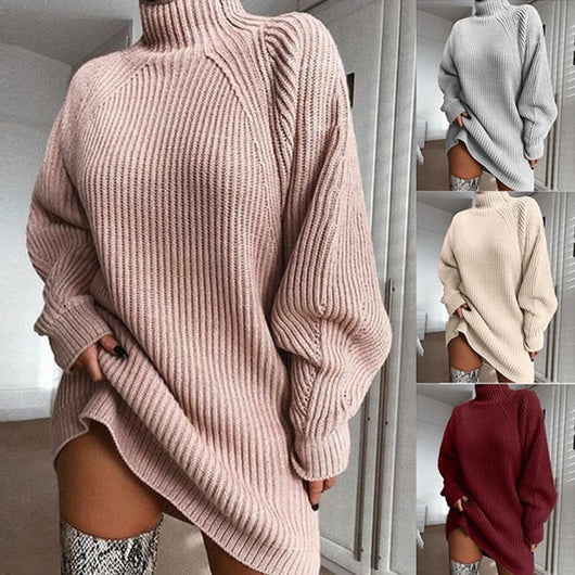 Vestido Suéter Cuello Alto Largo Abrigo Cálido para Mujer Invierno - Image 12