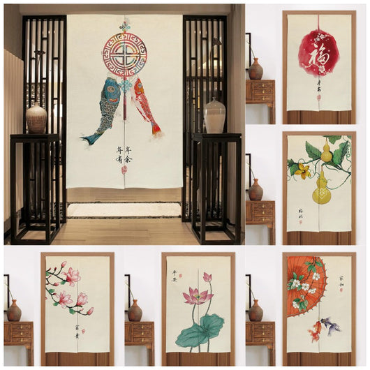 Chinese style fabric door curtain with cherry blossoms, colorful lanterns, and a white cat walking on a beige background. - Image 26
