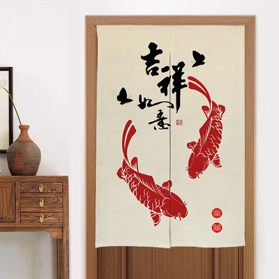 Chinese style fabric door curtain with cherry blossoms, colorful lanterns, and a white cat walking on a beige background. - Image 29