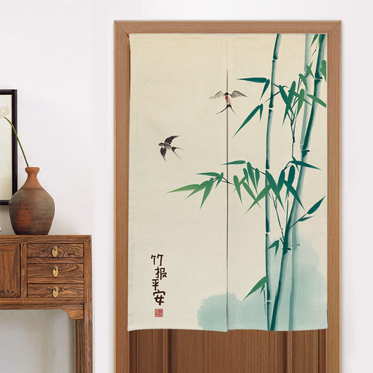 Chinese style fabric door curtain with cherry blossoms, colorful lanterns, and a white cat walking on a beige background. - Image 30