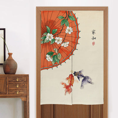 Chinese style fabric door curtain with cherry blossoms, colorful lanterns, and a white cat walking on a beige background. - Image 35