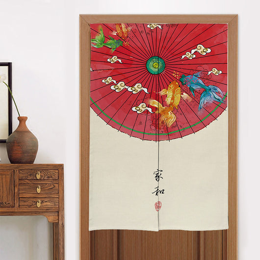 Chinese style fabric door curtain with cherry blossoms, colorful lanterns, and a white cat walking on a beige background. - Image 36
