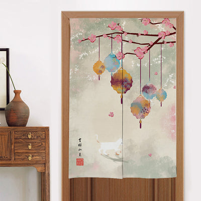 Chinese style fabric door curtain with cherry blossoms, colorful lanterns, and a white cat walking on a beige background. - Image 38