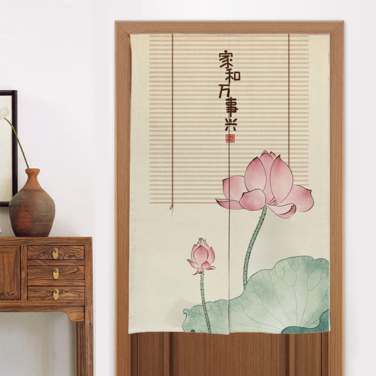 Chinese style fabric door curtain with cherry blossoms, colorful lanterns, and a white cat walking on a beige background. - Image 40