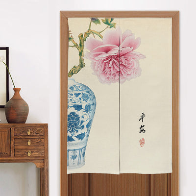 Chinese style fabric door curtain with cherry blossoms, colorful lanterns, and a white cat walking on a beige background. - Image 45