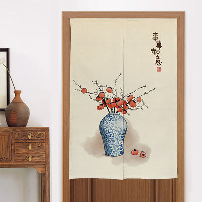 Chinese style fabric door curtain with cherry blossoms, colorful lanterns, and a white cat walking on a beige background. - Image 46