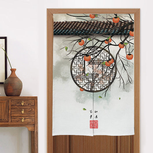 Chinese style fabric door curtain with cherry blossoms, colorful lanterns, and a white cat walking on a beige background. - Image 49
