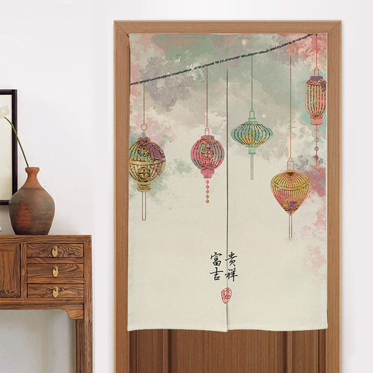 Chinese style fabric door curtain with cherry blossoms, colorful lanterns, and a white cat walking on a beige background. - Image 50