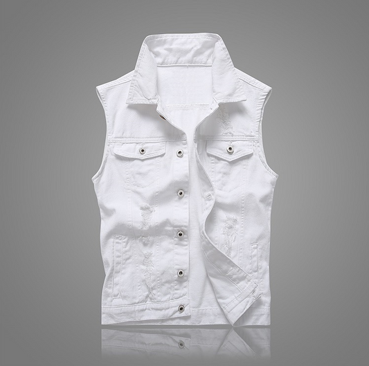 Chaleco Denim Blanco con Bolsillos y Detalles Rotos