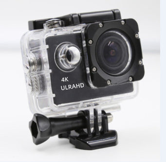 Pink 4K Ultra HD waterproof sport camera in a clear protective case with a black mount adapter. - Image 18