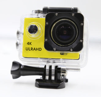 Pink 4K Ultra HD waterproof sport camera in a clear protective case with a black mount adapter. - Image 21