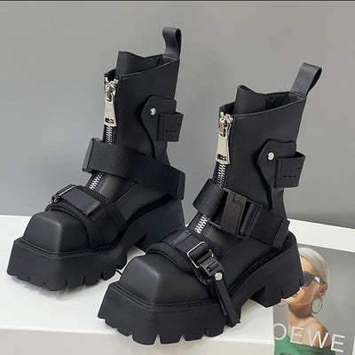 Botines de Cuero con Punta Cuadrada y Suela Gruesa para Mujer - Image 9