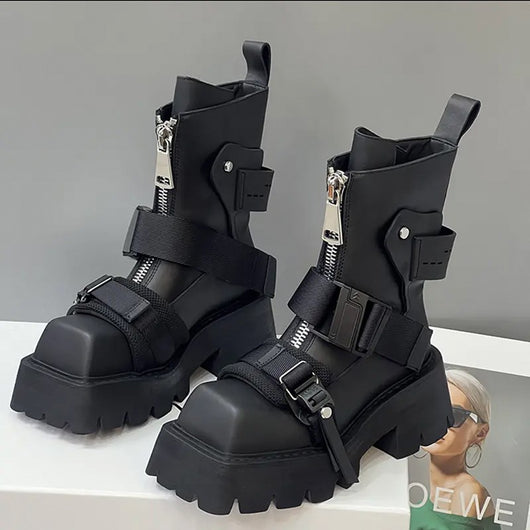 Botines de Cuero con Punta Cuadrada y Suela Gruesa para Mujer - Image 9