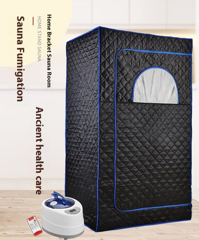 Portable brown quilted full body sauna room with steam generator, remote control, and accessories on a white background. - Image 15