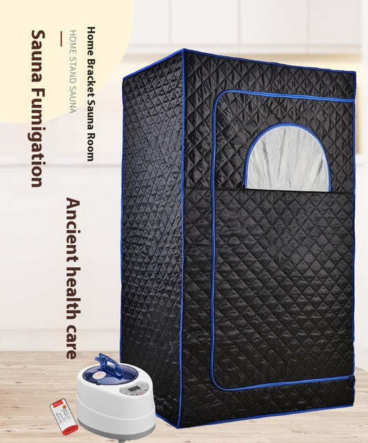 Portable brown quilted full body sauna room with steam generator, remote control, and accessories on a white background. - Image 15