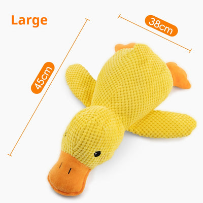 Yellow plush duck dog toy with ribbed texture, orange beak and feet, and black eyes, measuring 25cm long. - Image 7