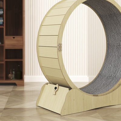 Light wood cat exercise wheel, size M, with a dark grey scratching surface and visible dimensions. - Image 3