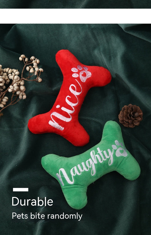Green plush bone dog toy with "Naughty" embroidered in white, featuring a white paw print. - Image 15