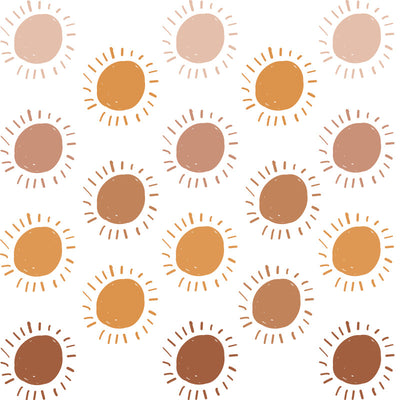 Three sheets of cartoon sun wall stickers, each with six sun designs in shades of brown and orange, showing dimensions. - Image 9