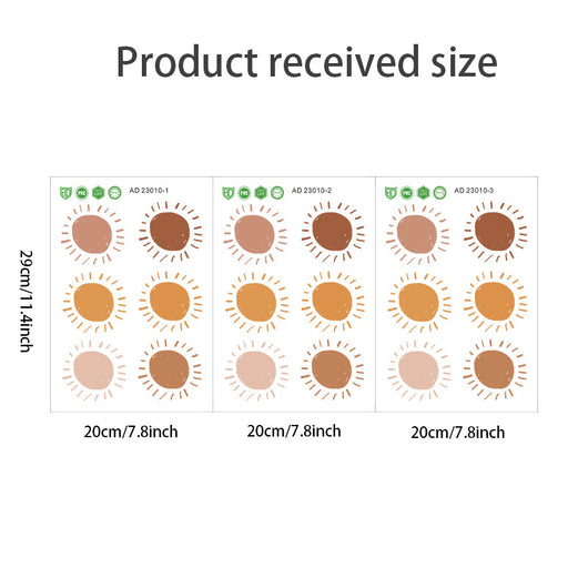 Three sheets of cartoon sun wall stickers, each with six sun designs in shades of brown and orange, showing dimensions. - Image 10