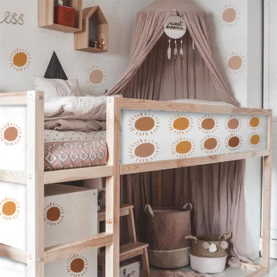 Three sheets of cartoon sun wall stickers, each with six sun designs in shades of brown and orange, showing dimensions. - Image 11