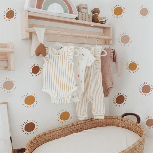 Three sheets of cartoon sun wall stickers, each with six sun designs in shades of brown and orange, showing dimensions. - Image 12