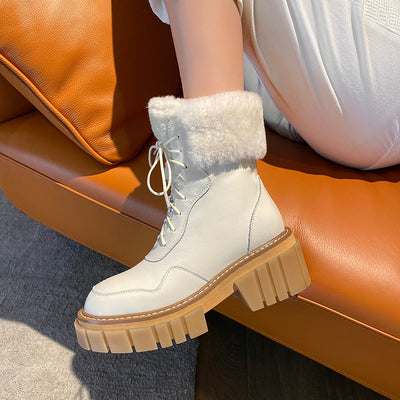 Botas de Nieve Mujer Cuero con Suela Gruesa y Forro de Lana Beige - Image 9