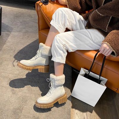 Botas de Nieve Mujer Cuero con Suela Gruesa y Forro de Lana Beige - Image 11