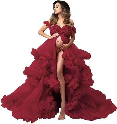 Vestido de Maternidad Elegante con Falda Tul Hombros Descubiertos para Sesión Fotográfica - Image 12