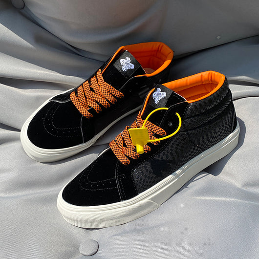 Zapatos Universitarios Hombre Lona Cuadros Negro Naranja Caña Media - Image 15