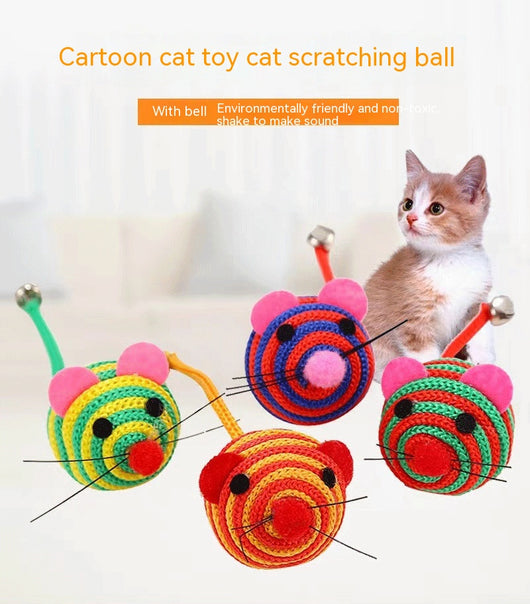 Four colorful nylon rope cat toys shaped like mice, with striped patterns, felt ears, pom-pom noses, and string whiskers. Some have small bells. - Image 7