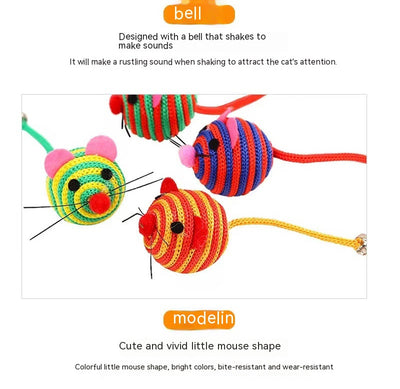 Four colorful nylon rope cat toys shaped like mice, with striped patterns, felt ears, pom-pom noses, and string whiskers. Some have small bells. - Image 8