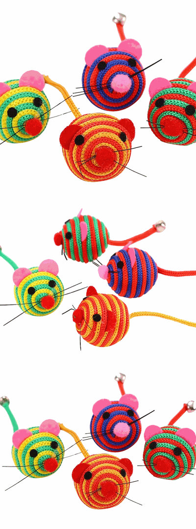 Four colorful nylon rope cat toys shaped like mice, with striped patterns, felt ears, pom-pom noses, and string whiskers. Some have small bells. - Image 9