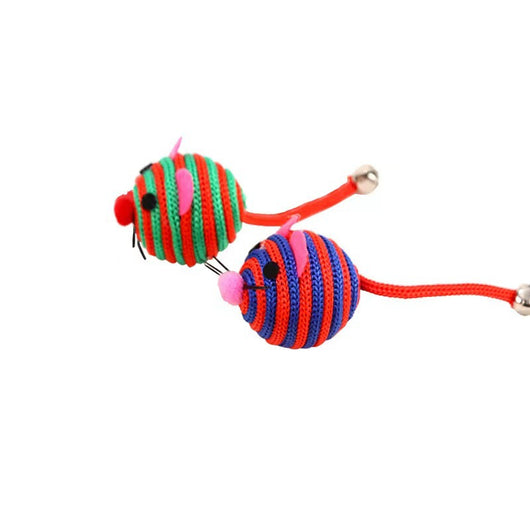 Four colorful nylon rope cat toys shaped like mice, with striped patterns, felt ears, pom-pom noses, and string whiskers. Some have small bells. - Image 10