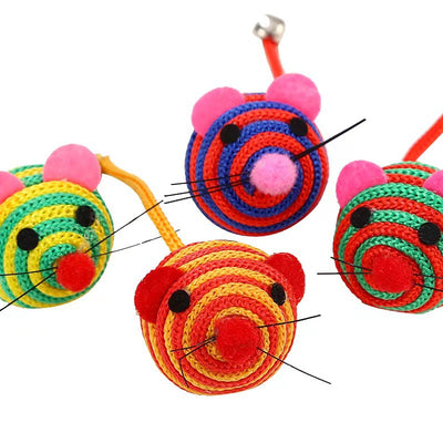 Four colorful nylon rope cat toys shaped like mice, with striped patterns, felt ears, pom-pom noses, and string whiskers. Some have small bells. - Image 11