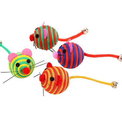 Four colorful nylon rope cat toys shaped like mice, with striped patterns, felt ears, pom-pom noses, and string whiskers. Some have small bells. - Image 13